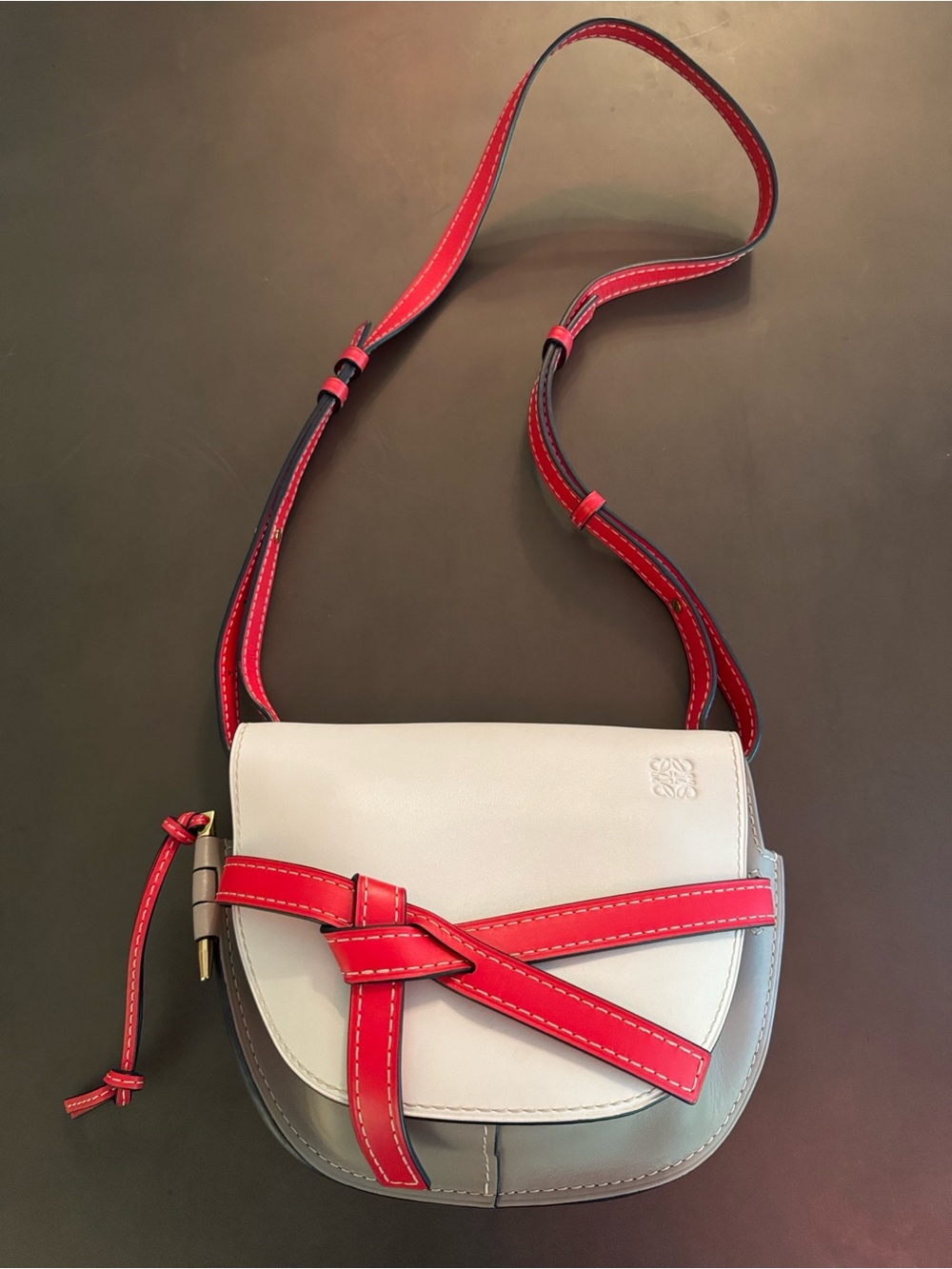 Loewe White, Gray & Red Gate Knot Crossbody Bag